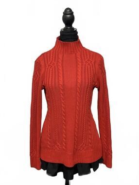 Marie Claire Orange Red Cable Knit Mock Neck Sweater Slim Fit Sz XS Casual